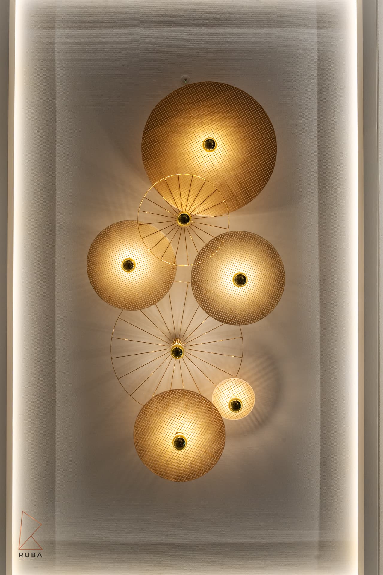 Gold mesh disc wall light sculpture cluster