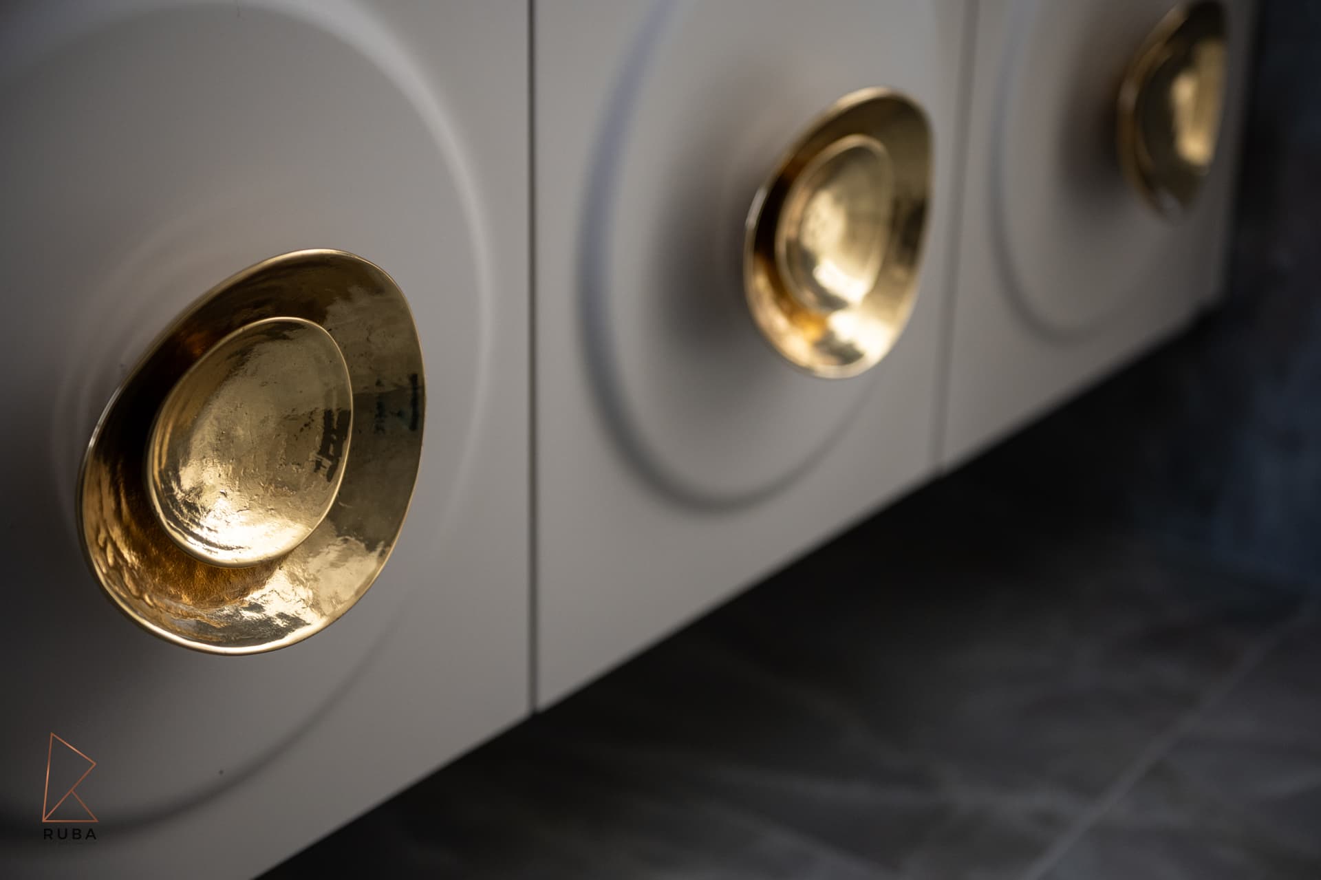 Hammered gold bowl-shaped vanity cabinet handles