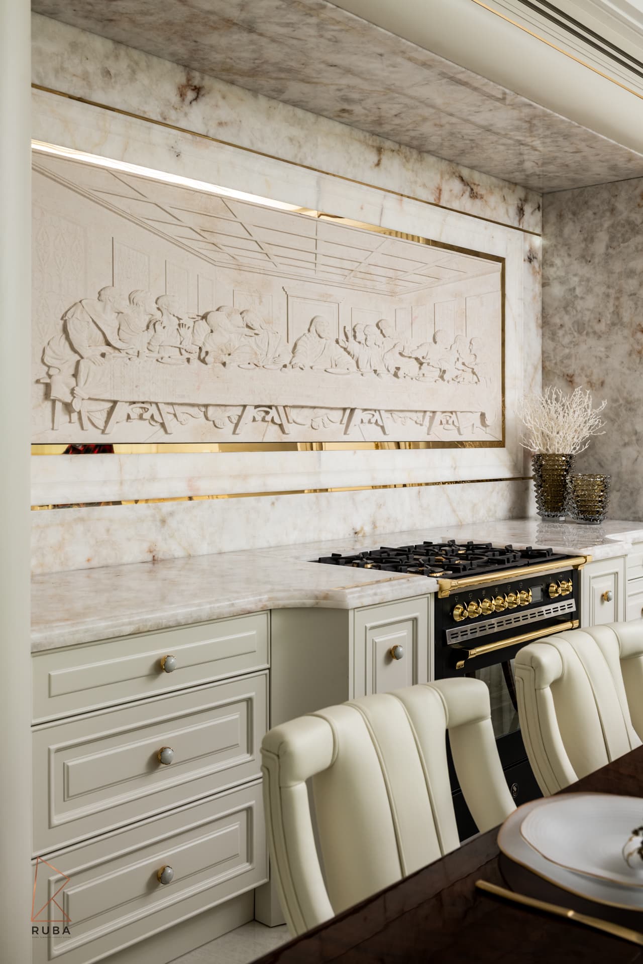 Hand-carved Last Supper marble relief with gold inlay frame