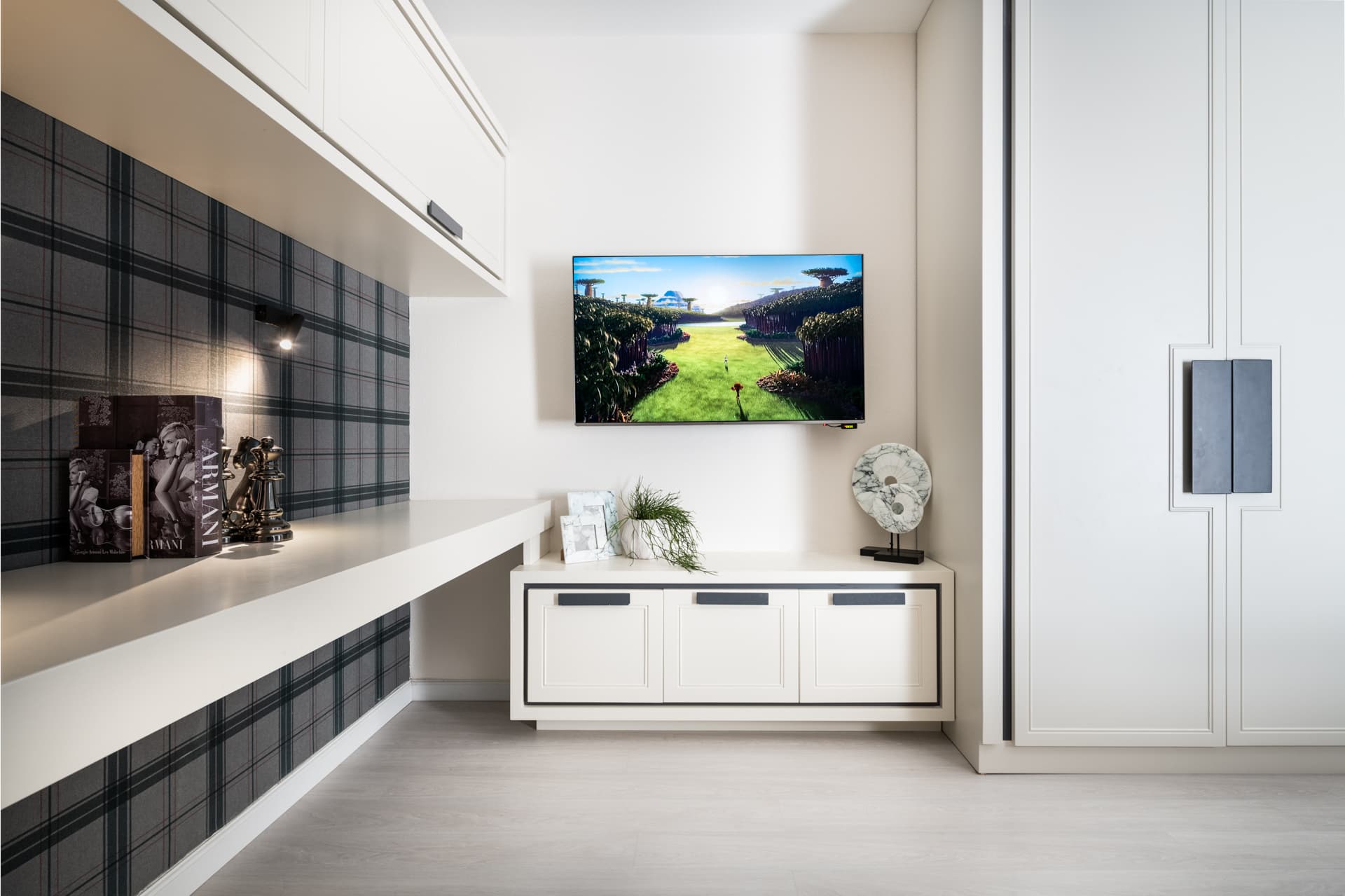 Copper geometric pendant rack over walnut kitchen cabinetry