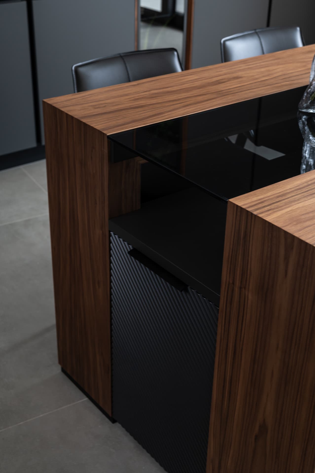 Black slatted headboard wall with art panel and hill panorama