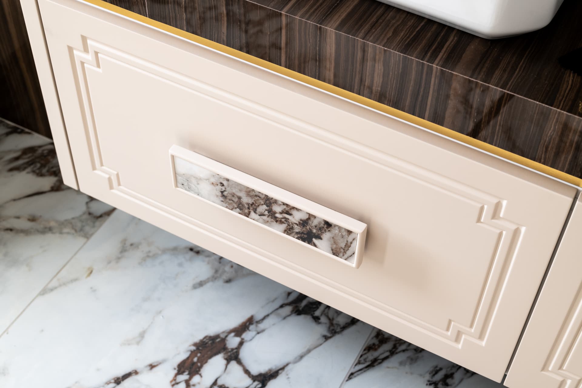 Gold disc wall art in walnut display niche with gold strip inlay