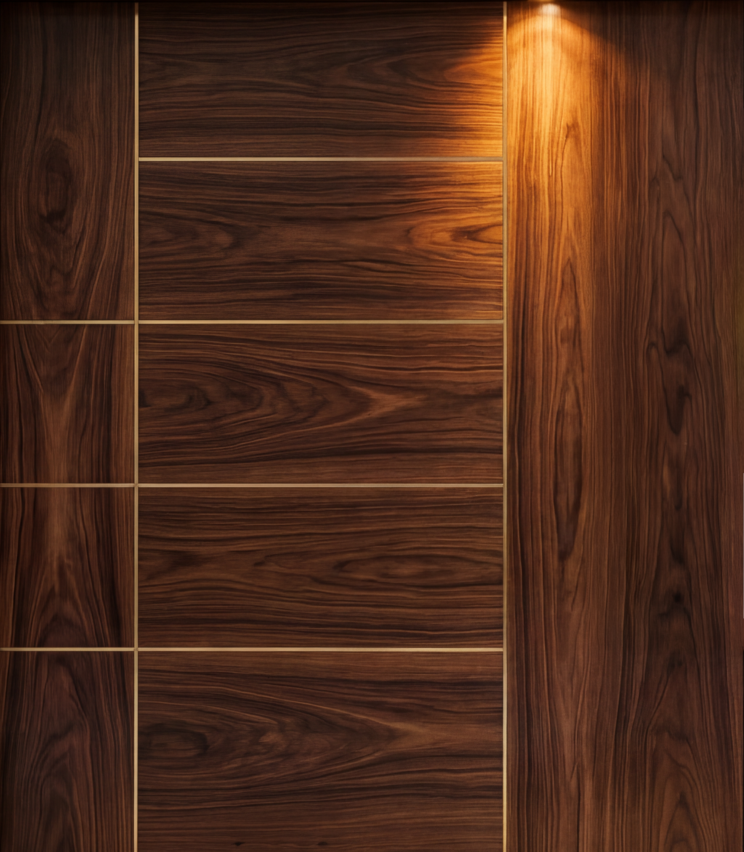 Rendered entrance door, left leaf: dark wood-grain panels divided by thin brass lines under a spotlight