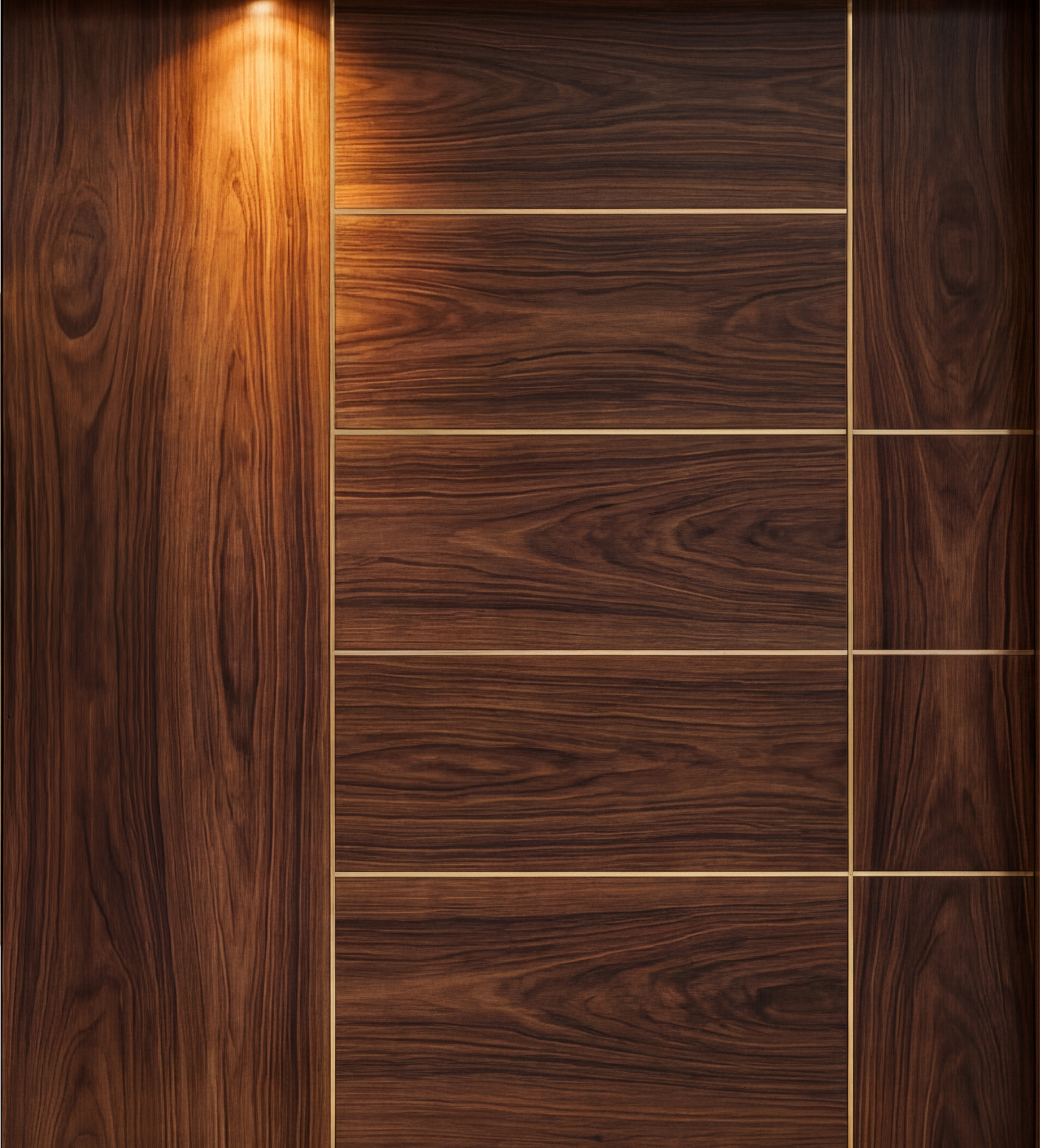 Rendered entrance door, right leaf: dark wood-grain panels divided by thin brass lines under a spotlight
